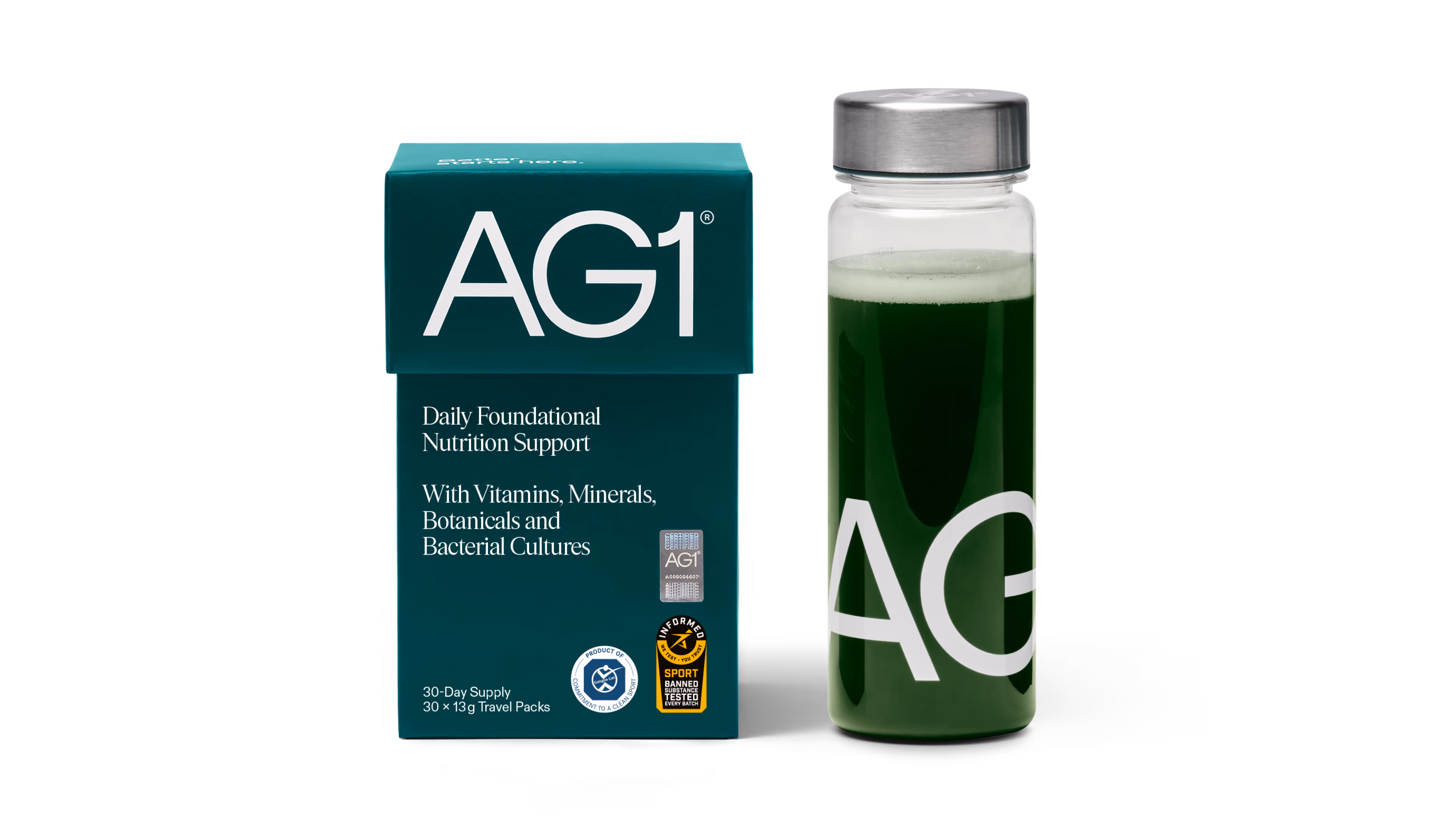 AG1 pouch and supplement facts